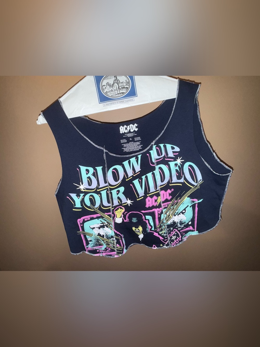 AC/DC Black Cropped Graphic Tank with Teal Pink Yellow Print